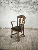 Brutalist Solid Oak Armchair with Leather Seat, Holland, 1970s