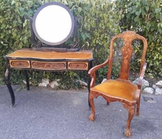 Inlaid Dressing Table with Mirror + Chippendale Chair.