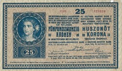 25 korona kronen 1918 apróbetűs sorozatszám osztrák kiadás Talpas 1-es 3.