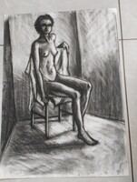 Large Studio Charcoal Drawing - Seated Female Nude with Drapery (Lázár Pál Class)