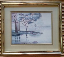 Heronim Harry Wysocki „Lake Shore” (Tópart) litográfia  keretezett üveg mögött