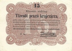 15 tizenöt pengő krajczárra krajcárra 1849 Kossuth bankó 3.