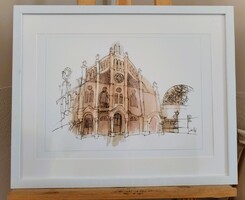 László Ákos -  Debrecen Kossuth utcai zsinagóga,  nyomat   30x40 cm + keret