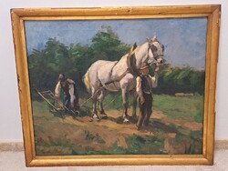 Zemplényi Tivadar (1864-1917) lovas életkép nagyméretű szignált festmény olaj vászon, eredeti keret