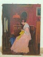 Original Herrer Cézár (1868–1919) – Art Nouveau Spanish woman interior painting, signed oil on canvas