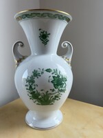 Elegáns Herendi Porcelán Váza, Indiai Kosár Minta (Zöld), Kétfüles Kialakítás