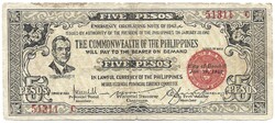 5 peso pesos 1942 Fülöp szigetek Japán megszállás gerillapénz Negros Occidental military