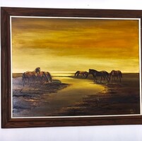 Dér István: "A Hortobágyon" lovakat ábrázoló olaj festmény, / 60X80 / nagy méretű