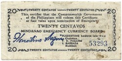 20 centavo centavos 1944 Fülöp szigetek Japán megszállás gerillapénz Mindanao military Kézi aláírás