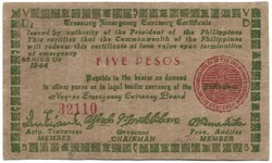 5 peso pesos 1944 Fülöp szigetek Japán megszállás gerillapénz Negros Occidental military