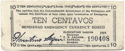 10 centavo centavos 1943 Fülöp szigetek Japán megszállás gerillapénz Mindanao military Kézi aláírás