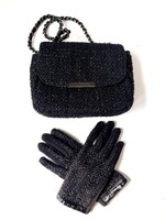 Elegáns csillogó fekete tweed / bouclé kistáska és kesztyű szett