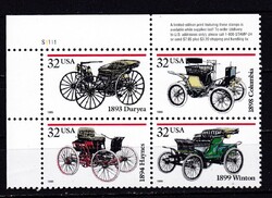 32¢ Antik Autók Scott 3020-3023 USA Amerikai 4-es Postatiszta Blokk 1995