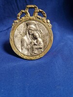 Antik rézkeretes Mária a Gyermekkel dombormű / ikon (szignózott)