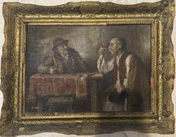 Horváth G. Andor (1876-1966): Borozó, koccintó parasztok a kocsmában (Antik olajfestmény)