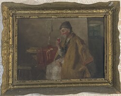 Horváth G. Andor (1876-1966): Borozó öregúr szűrben (Antik olajfestmény)