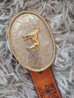 Vintage Wilmartin western övcsat lovas motívummal+LanaLeather kézműves marhabőr öv