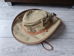 Vintage szafari kalap – khaki vászon, fonott bőrpánt