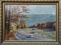 Farkas Lajos festő (1919-1998). Kacskaringós úton (Trabant kombival). Olaj/vászon,  50x70cm+keret.