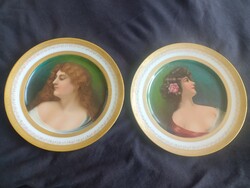 1880-1900 Pirkenhammer marked genuine gold-plated hand-painted perfect 18.5 cm 2 plates