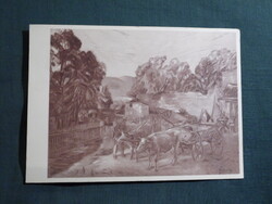 Képeslap,Hadigondozás javára bélyegzés,sorszám,Szobotka Imre,Falusi udvar grafika,Klössz Bp.,1946-