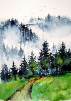 Forest with birds- watercolor painting/ Erdő madarakkal -   akvarell festmény