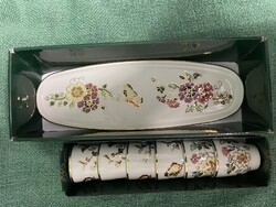 Zsolnay porcelán likőr szett / pálinkás készlet – Pillangó mintás, eredeti dobozában (5 részes)