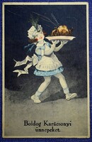 Régi  Karácsonyi üdvözlő grafikus képeslap  -  kis szakács lány pecsenyével   1923