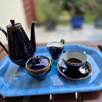 Hiánytalan Ilmenau kobaltkék porcelán kávéskészlet gazdag aranyozással (6 személyes)