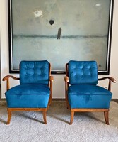 Hollóházi Gyula-designed armchair pair, freshly reupholstered in blue velvet, 1930s