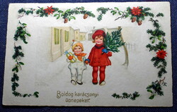Régi Karácsonyi üdvözlő  képeslap  - gyerekek , fenyő girland ajándék  Ebner stílusú