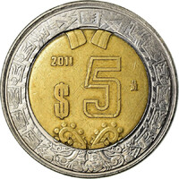 Mexikó 5 Pesos 2011 - Azték Napkő - tűzkígyók / Mexikó címere - verdefényes