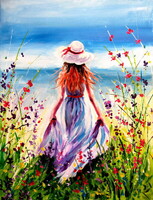 Woman in floral meadow- acrylic painting / Nő a virágon réten- akril festmény