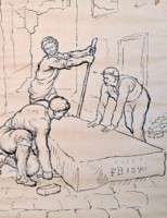 Építőmunkások - tusrajz, FB 1890 felirattal - Kőfaragók? utcakép, jelenet