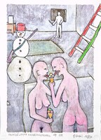 Ef Zámbó István - Fagyizó lányok vadászhóemberrel 42 x 30 cm EBP, merített papír
