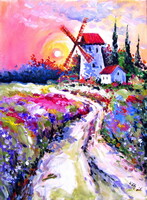 Flowers field with mill- acrylic painting / Virágos mező malommal- akril festmény
