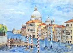 Velencei látkép - akvarell, kerettel 75x55 cm! Itália, mediterrán panoráma, Canal Grande - Balázs