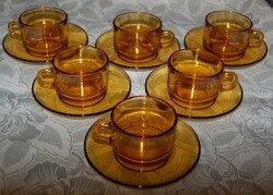 Retro Vereco France borostyán üveg tea / kávé garnitúra – hibátlan 6 személyes készlet