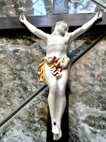 Antik fa feszület porcelán Krisztussal gyönyörű nagy méretű