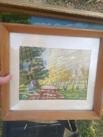 Béla Éles /1936/ auction painting Sunlit Avenue 1976 Diósgyőr watercolor