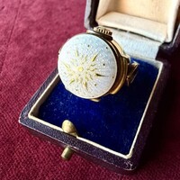 Antique Swiss Türler gold-plated pale blue guilloché enamel mechanical ring watch, c. 1920s–1940s.