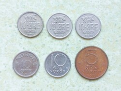 Norvégia 6 db Különböző Érme 5 10 Öre 1953-1986