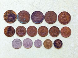 Anglia 16 db Különböző Érme 1/2 1 Penny 3 6 Pence 1 Shilling 1902-1966