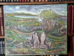 JÁK PÉTER 2026 o/v 40X 50cm " Balatoni táj a képzelet romjaival"