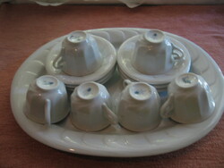 Retro Hollóházi porcelán mokkás csésze készlet és ovális tál, fehér, örvény mintás