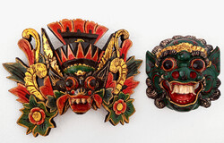 2 db régi vintage bali balinéz indonéz Barong fa maszk faragott népi szobor faragás figura fafaragás