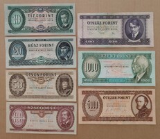 Retró Forint sor. 10, 20, 50, 100, 500, 1.000, 5.000 Forintos bankjegy.