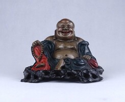 2B274 Antik Fuzhou lakk nevető Buddha szobor keleti dísztárgy