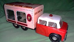 1970.VINTAGE MF782 CIRKUSZ ÁLLAT SZÁLLÍTÓ MOZGÓ OROSZLÁN lemez lendkerekes 25x9x10cm képek szerint