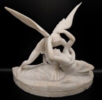 Antique Alabaster Cupid and Psyche Sculpture (1880–1920), Large Mythological Scene, Flawless RARITY